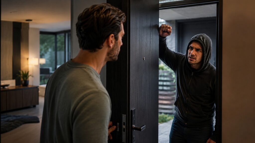 Man in a dark hoodie confronts a resident at an open door in a modern living room, tense standoff inside the home.
